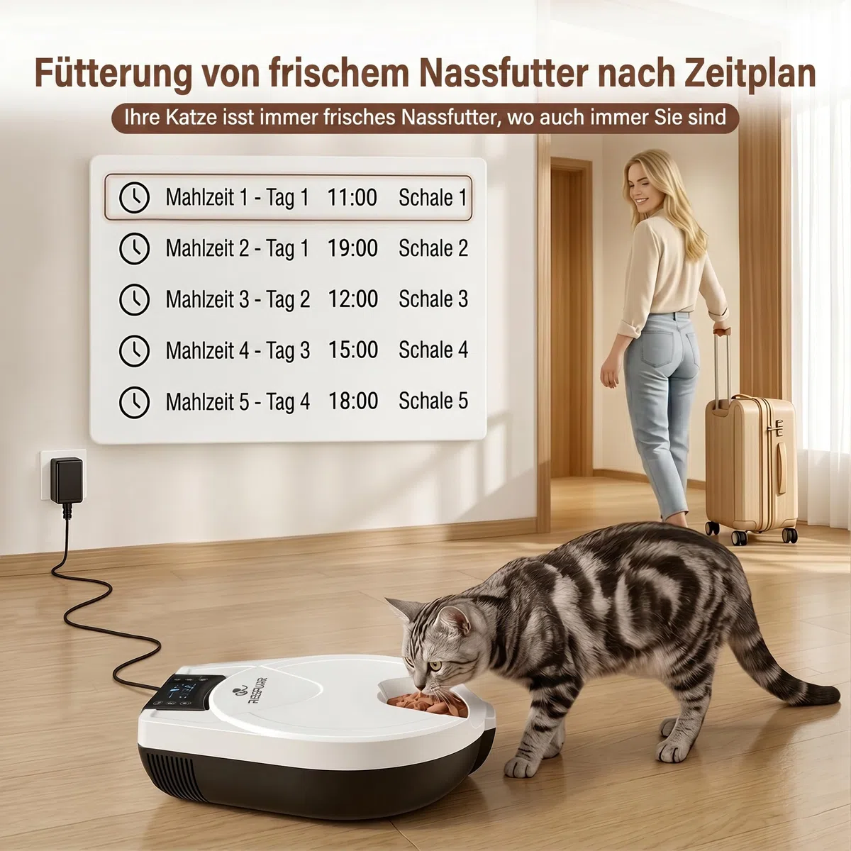 Futterautomat Katze Nassfutter mit Halbleiter-Kühlung & Heizung, 3 Tage Frisch Nassfutterautomat für Katzen, Programmierbarer Futterautomat für 5 Mahlzeiten, 304 Edelstahlschalen Leicht zu Reinigen