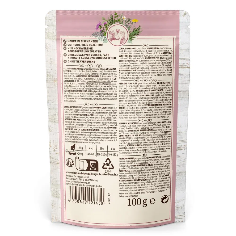 Wildes Land - Rind und Pute mit Distelöl - Classic Adult Nassfutter für Katzen - 60 x 100 g