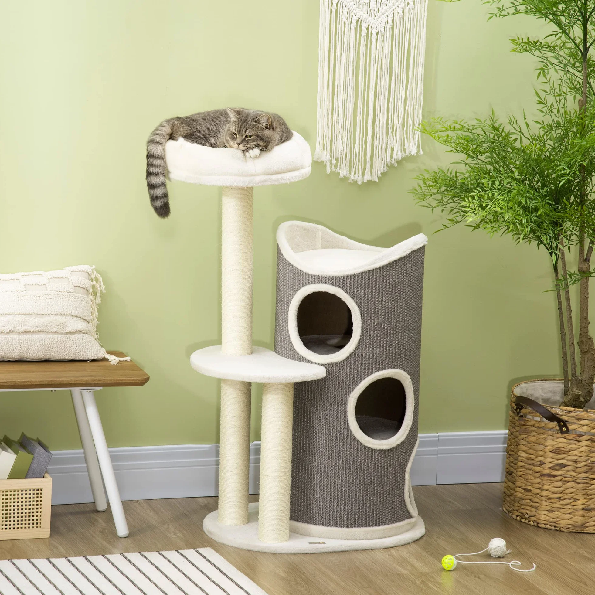 PawHut Kratzbaum 109 cm mit Kratztonne für Katzen unter 5 kg Weiß+Grau | Katzenbett, Sisalstämme, Mehrstöckiger Katzenkratzbaum, Kletterbaum