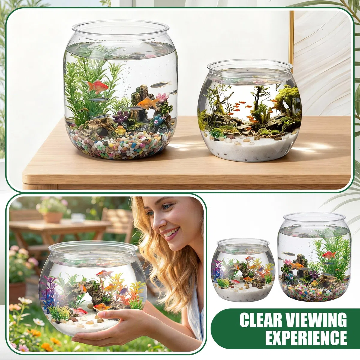 Kunststoff-Fischschale, 2 Stück, groß, rund, transparent, Betta-Aquarium, bruchsicher, Hydrokultur-Pflanzgefäß, Mehrzweckbehälter für Terrarium, Blumenvase, Tafelaufsatz