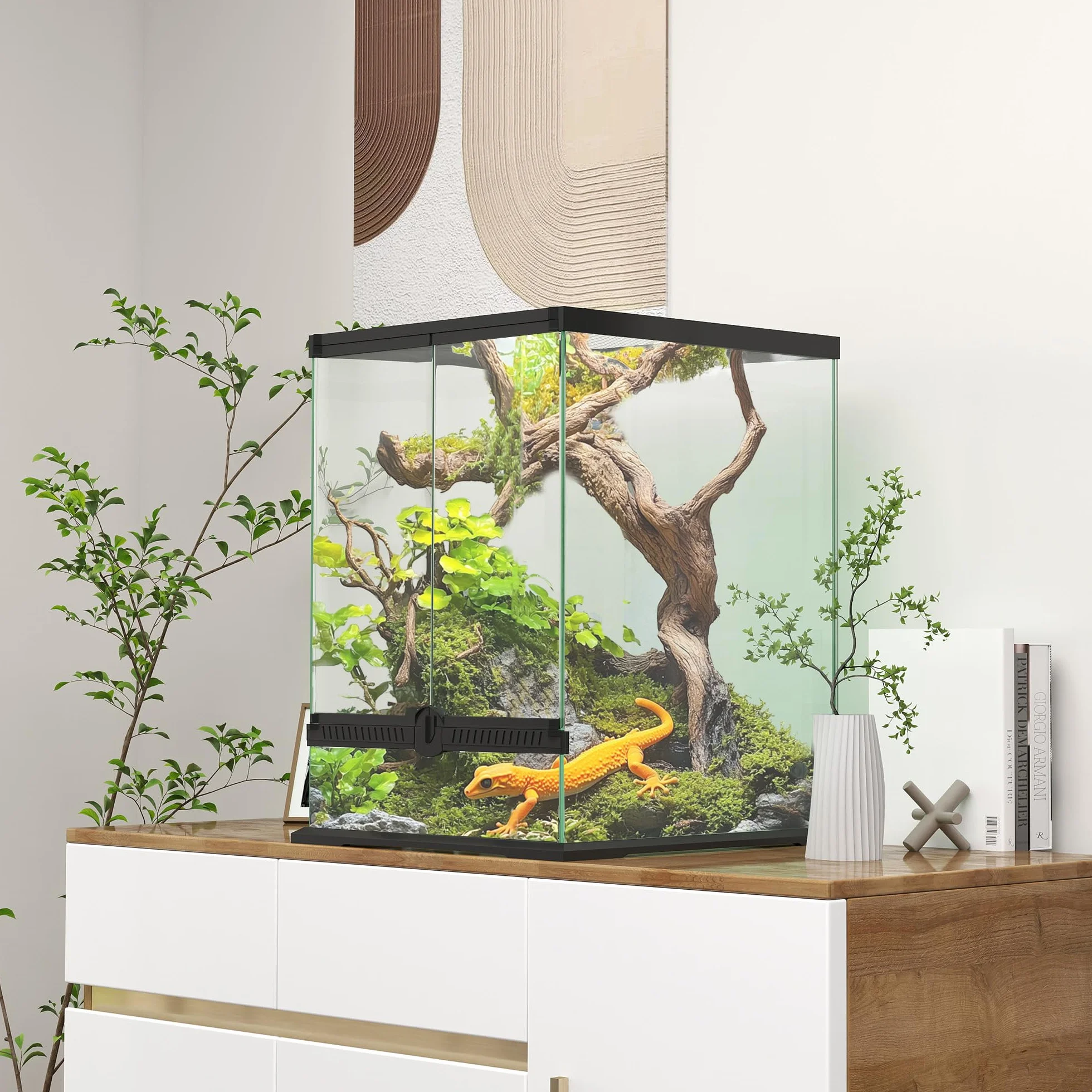 PawHut Terrarium für Reptilien Reptil Fütterungsbox mit Anti-Flucht-Design, Belüftung 120L Glasterrarium mit Kabelmanagement für Amphibien Spinne Metall Schwarz 45 x 45 x 60 cm