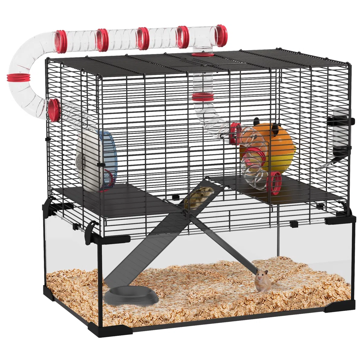 PawHut Großer Hamsterkäfig Rennmauskäfig mit tiefem Glasboden 60 x 40 x 57 cm | Tunnel, rutschfeste Rampen, Laufräder, Wasserflasche, Schale