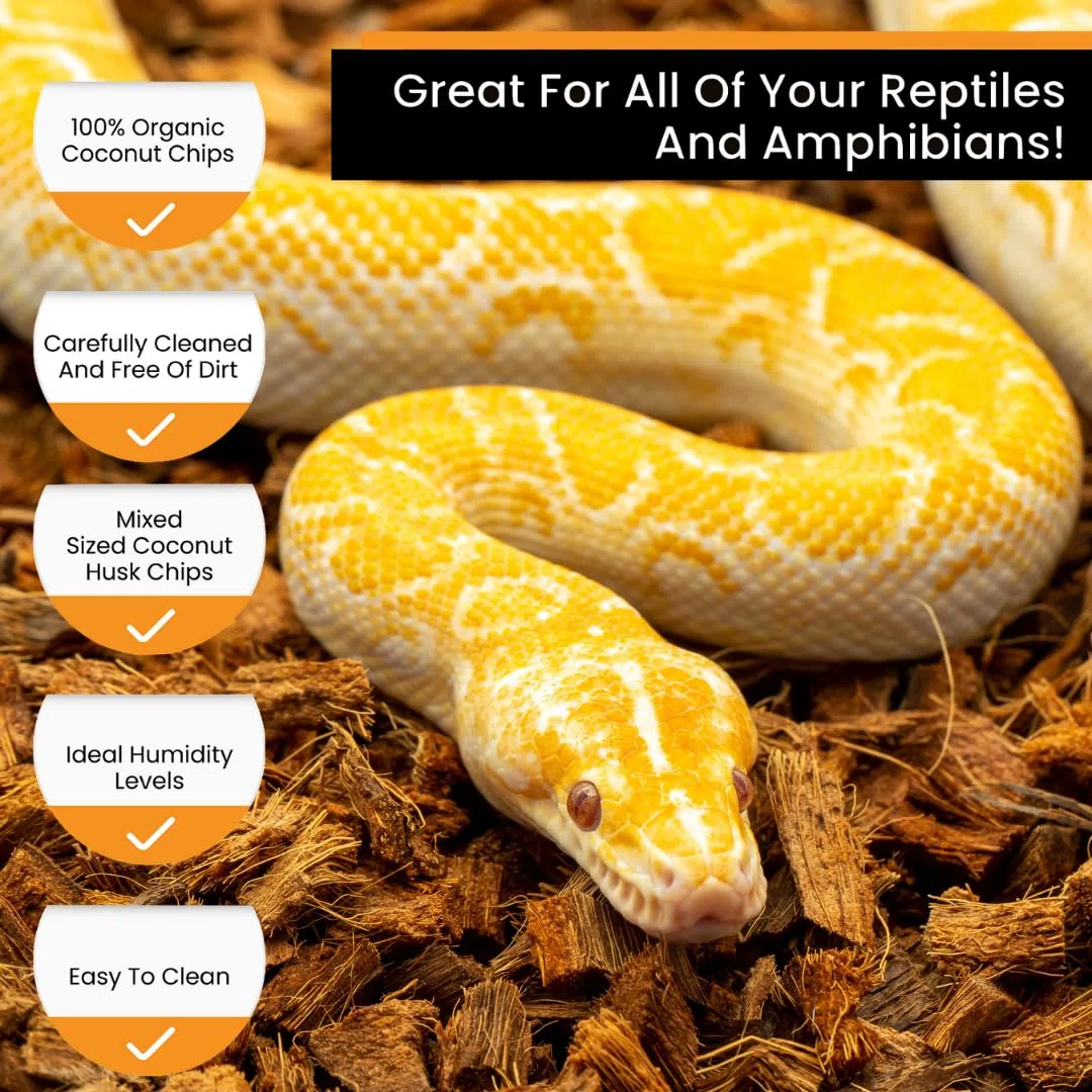 ReptiChip Coconut Substrate for Reptiles 4 Pack of 36 Quart Loose Coarse Coconut Husk Chip Reptile Bedding for Ball Pythons, Tortoises, Geckos, Frogs, Snakes or Lizard Terrarium Tanks