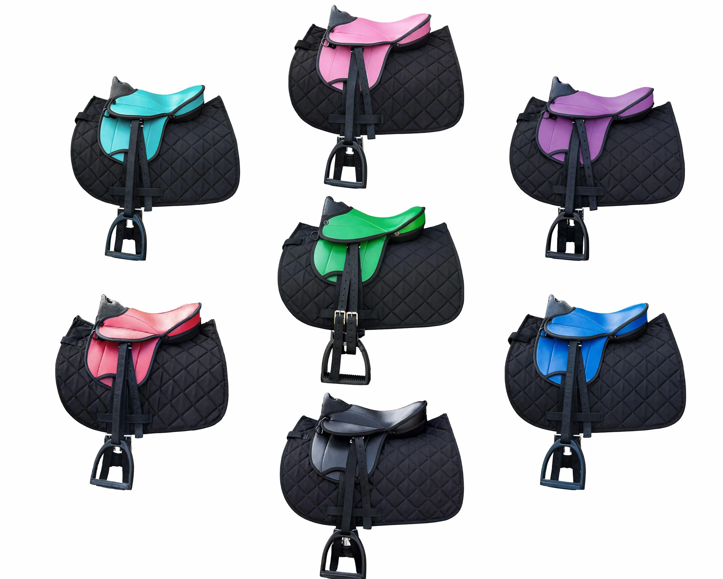 Brama West Holzpferd Sattel Set „My Happy Pony“ | Sattel für Shetty Pony Holzpferd | mit Satteldecke, Sattelgurt, Steigbügel & Steigbügelriemen (Sattel Türkis; Decke Schwarz)
