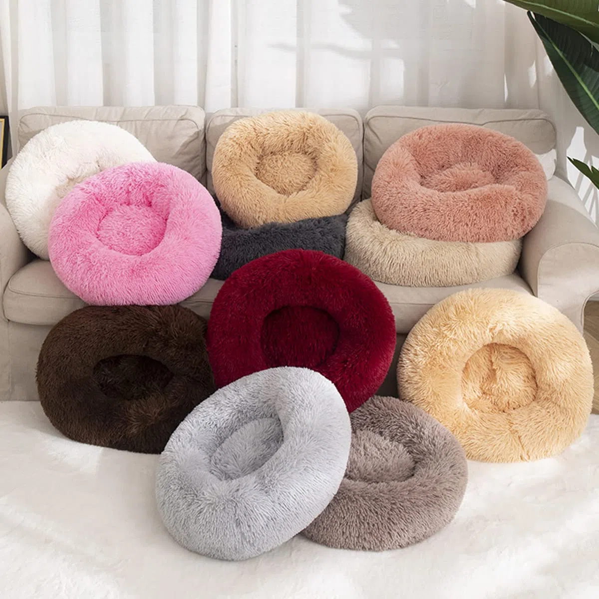 Beruhigendes Hundebett für kleine Hunde – Donut waschbar, kleines Haustierbett, Anti-Angst, rund, flauschiges Plüsch-Katzenbett, passend für Haustiere, Durchmesser: 89 cm