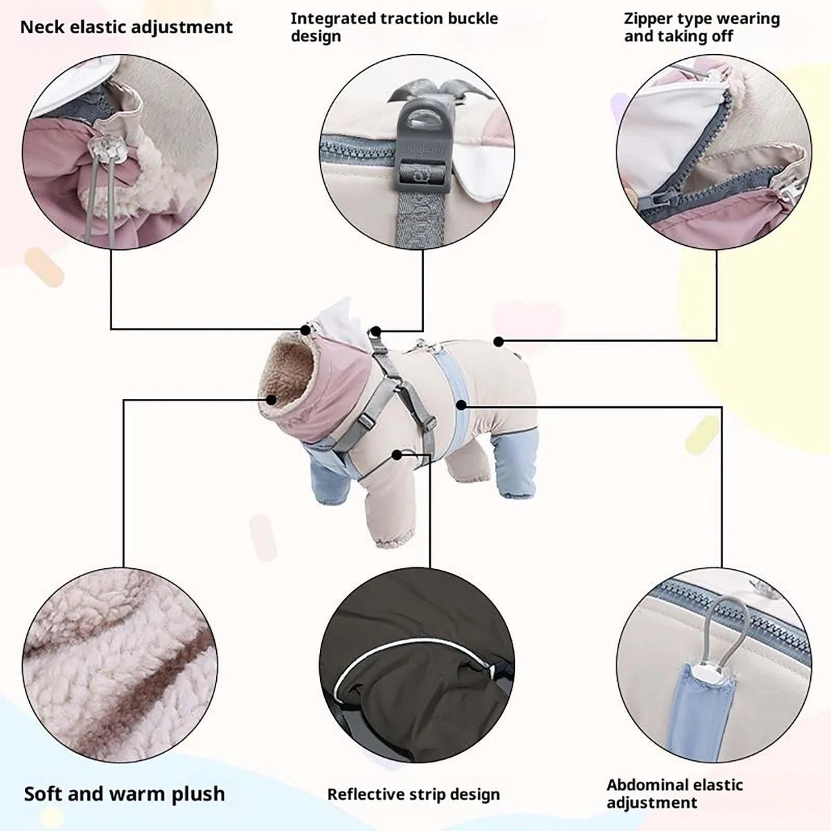 Hundemantel, Winter-Schneeanzug, Hundegeschirr-Mantel, warmer Fleece-gefütterter Overall, vierbeinige Mäntel für kleine, mittelgroße und große Hunde, verstellbare Kleidung für kaltes Wetter, S-XXXL