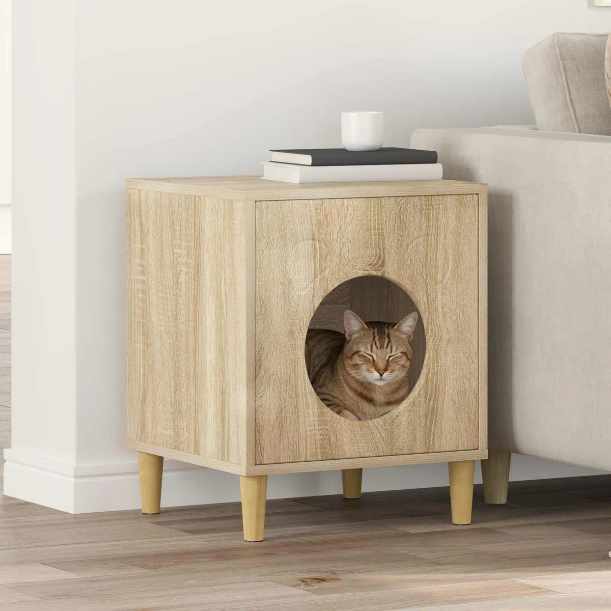 Katzenhaus Sonoma Holzwerkstoff 42,5 x 40 x 53 cm Innenbereich, langlebig und stabil, ideal als Rückzugsort und Spielhöhle für Katzen, modernes Design für Wohnzimmer und Wohnung
