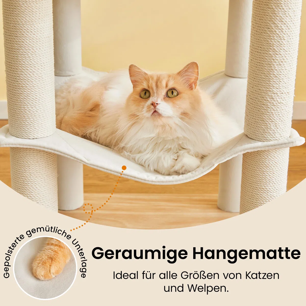 Kratzbaum, 163 cm hoch, moderner Katzenbaum in Hellholzoptik, mehrstöckiges Katzenhaus mit Höhle, 7 Kratzsäulen, 2 Liegemulden, Hängematte und 2 Plüschbällen