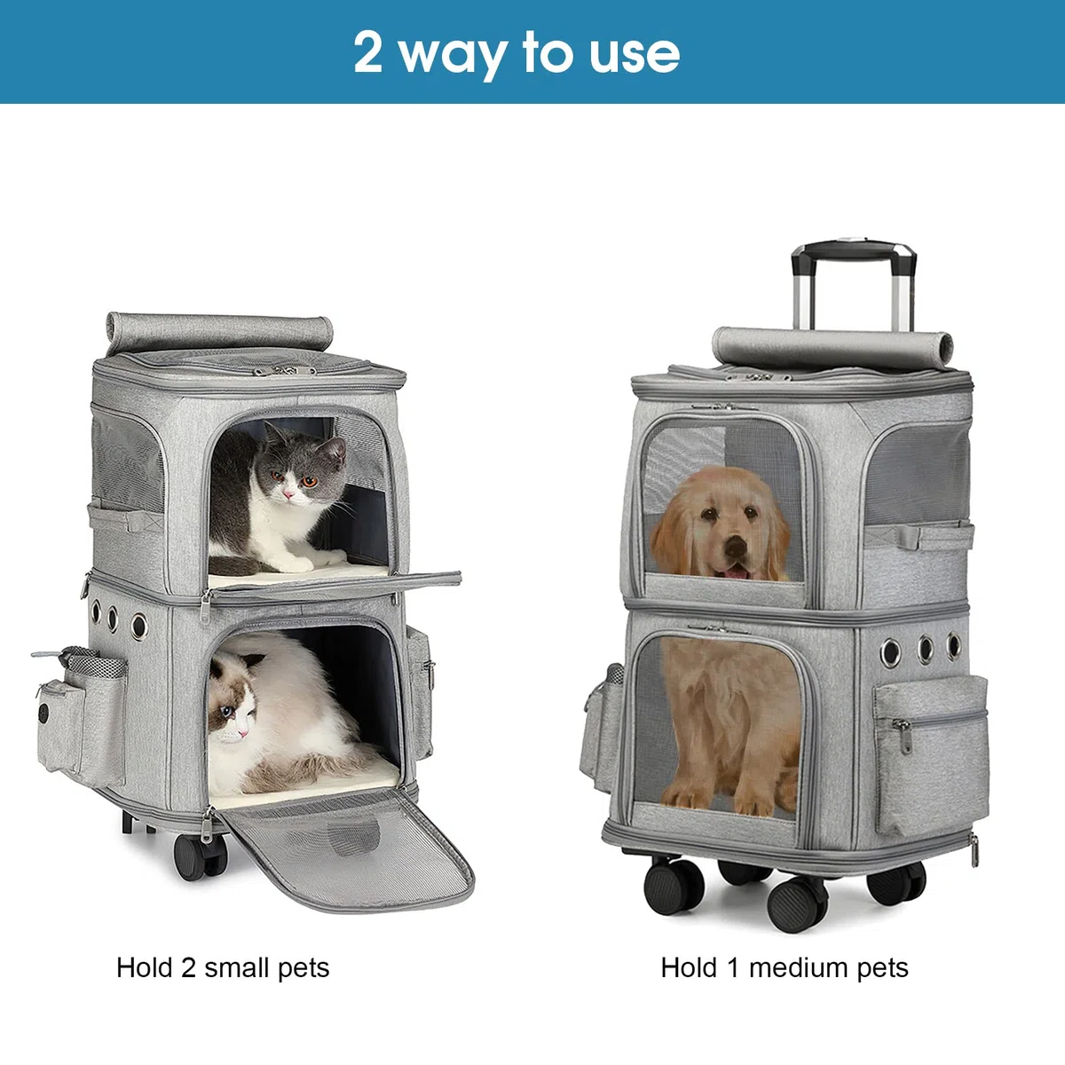 Doppelter Rucksack 2 in 1 für kleine Katzen und Hunde, Rucksack mit Rädern, Tragbare Haustier-Transporttasche, Einzigartiges und praktisches Design, Ideal für Reise/Wandern/Camping, Grau