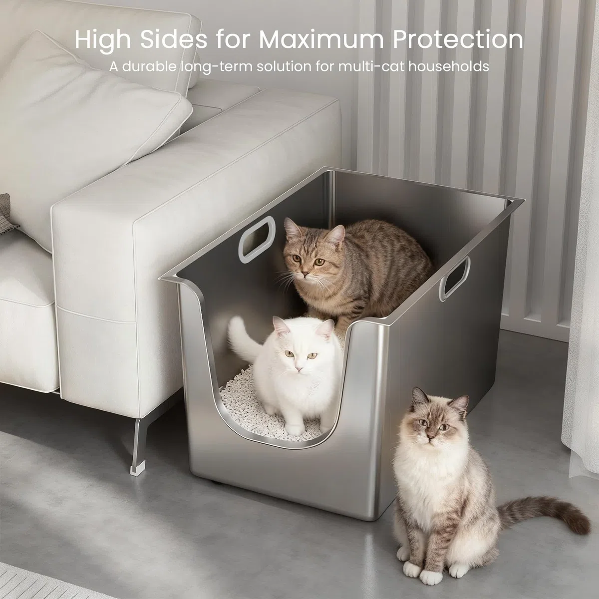 PTLOM Lebensmittelechtes Edelstahl Katzenklo Katzentoilette XL: 35cm Hohe Ränder Rostfrei,Auslaufsicher, Niedriger Einstieg für ältere Katzen + Rollen – Perfekt für Mehrkatzenhaushalte