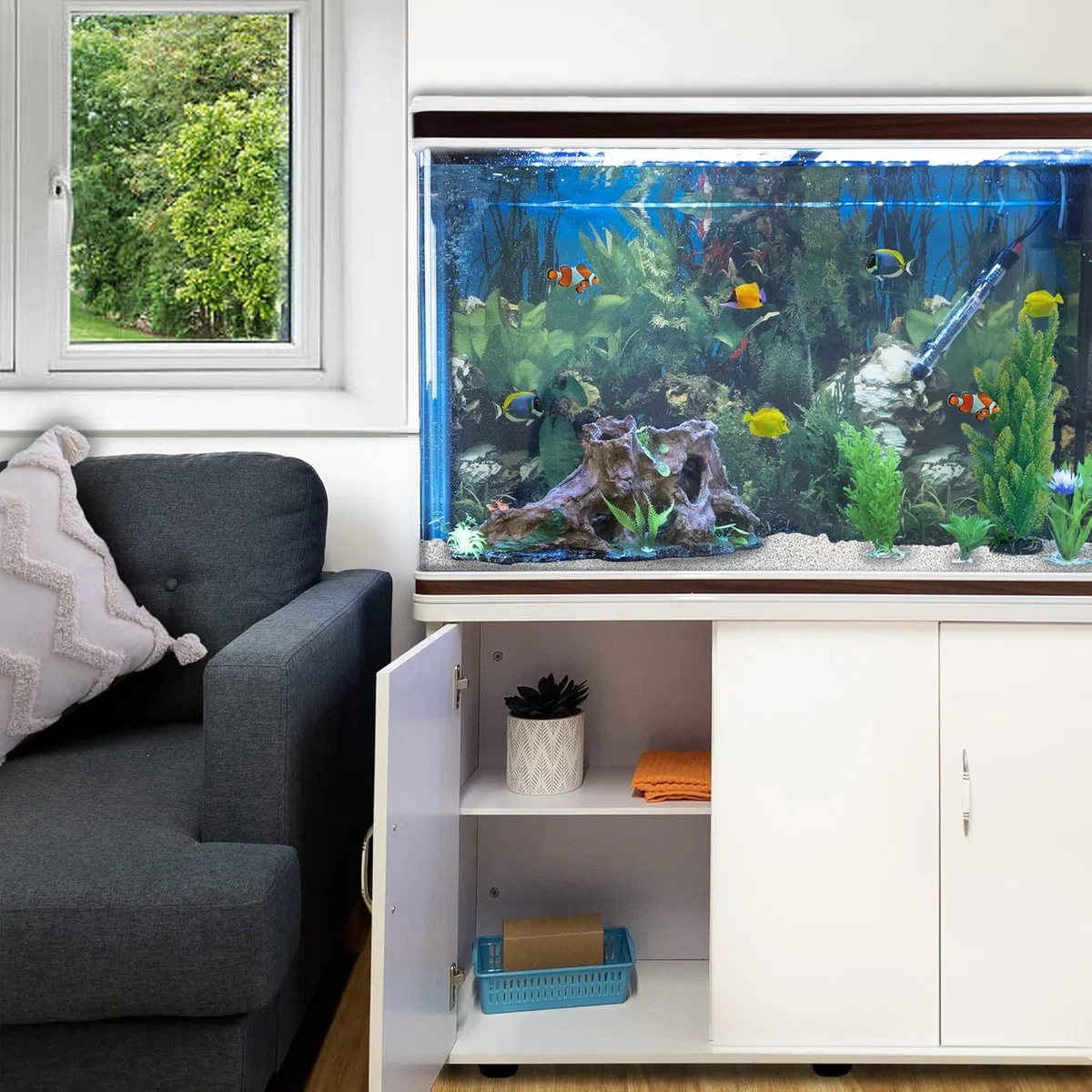 Monster Shop Aquarium 300 L Weiß - Vollständiges Starter-Set mit Aquarium, Unterschrank, Kies und Hintergrund - Ideal für Fische - Glas - 143,5 cm H x 120,5 cm B x 39 cm T