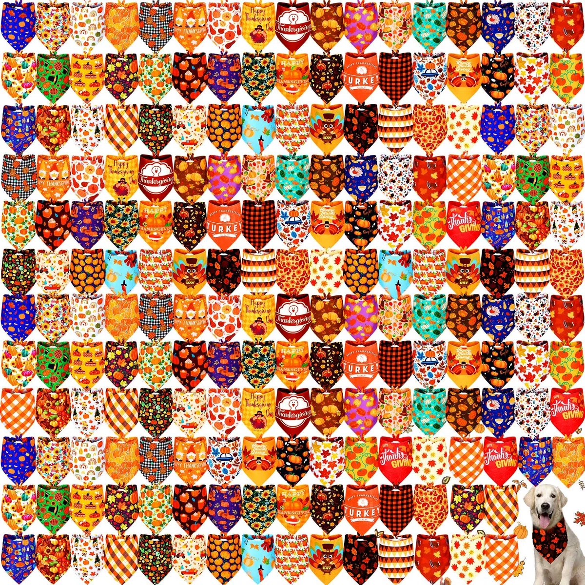 Newwiee 200 Stück Thanksgiving Day Hund Bandana Kürbis und Truthahn Bedruckte Lätzchen Dreieck Hund Taschentuch Verstellbar Haustier Schal Weich Bequem Hund Halstuch für kleine bis große Hunde Welpen