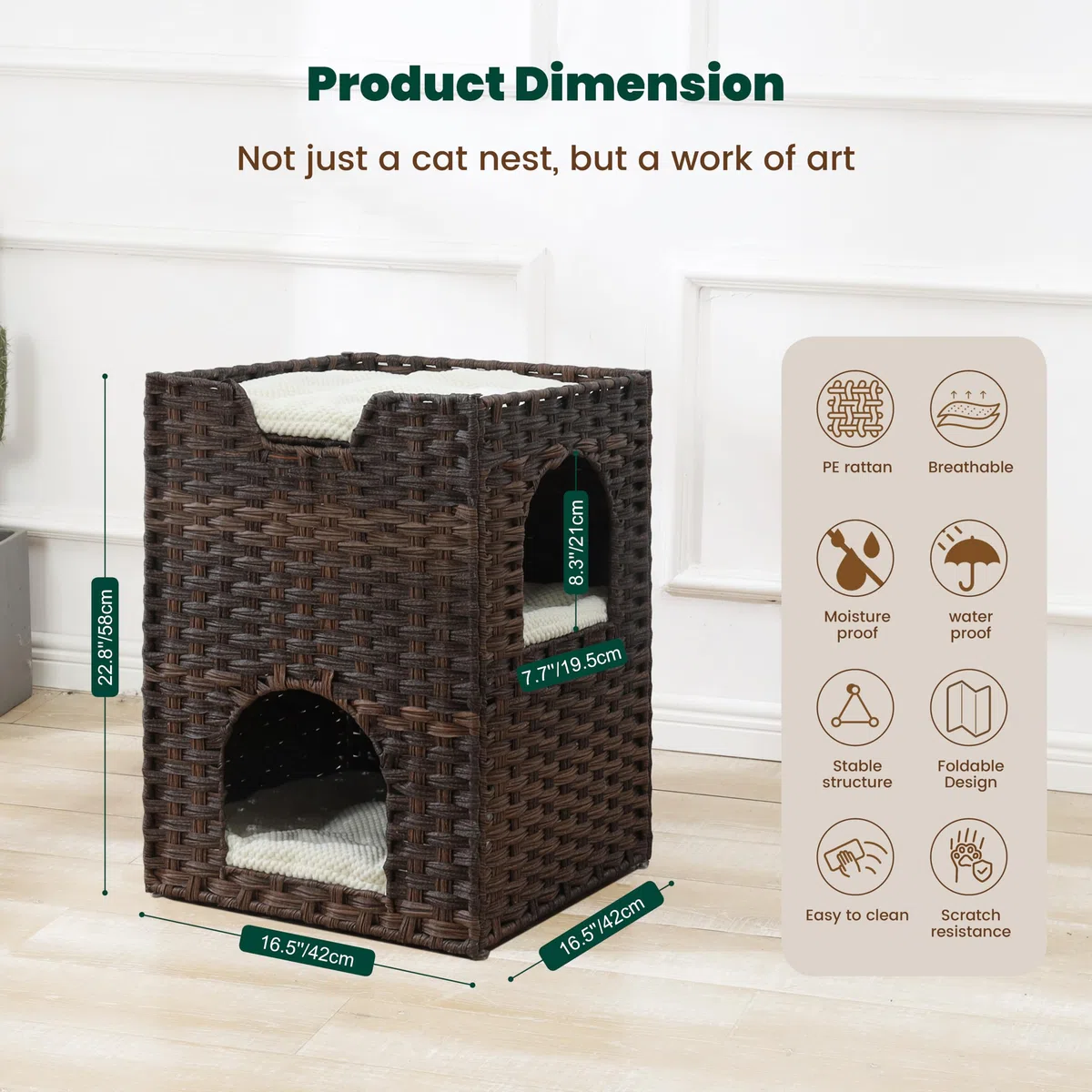 Katzenbett für Indoor-Katzen, ein stilvolles Katzenversteck & Katzenhaus - Handgewebtes Rattan-Katzenhöhlenbett mit weichem Kissen, faltbare Katzenwürfel für Indoor-Katzen, stabile Katzen-Sitzstange