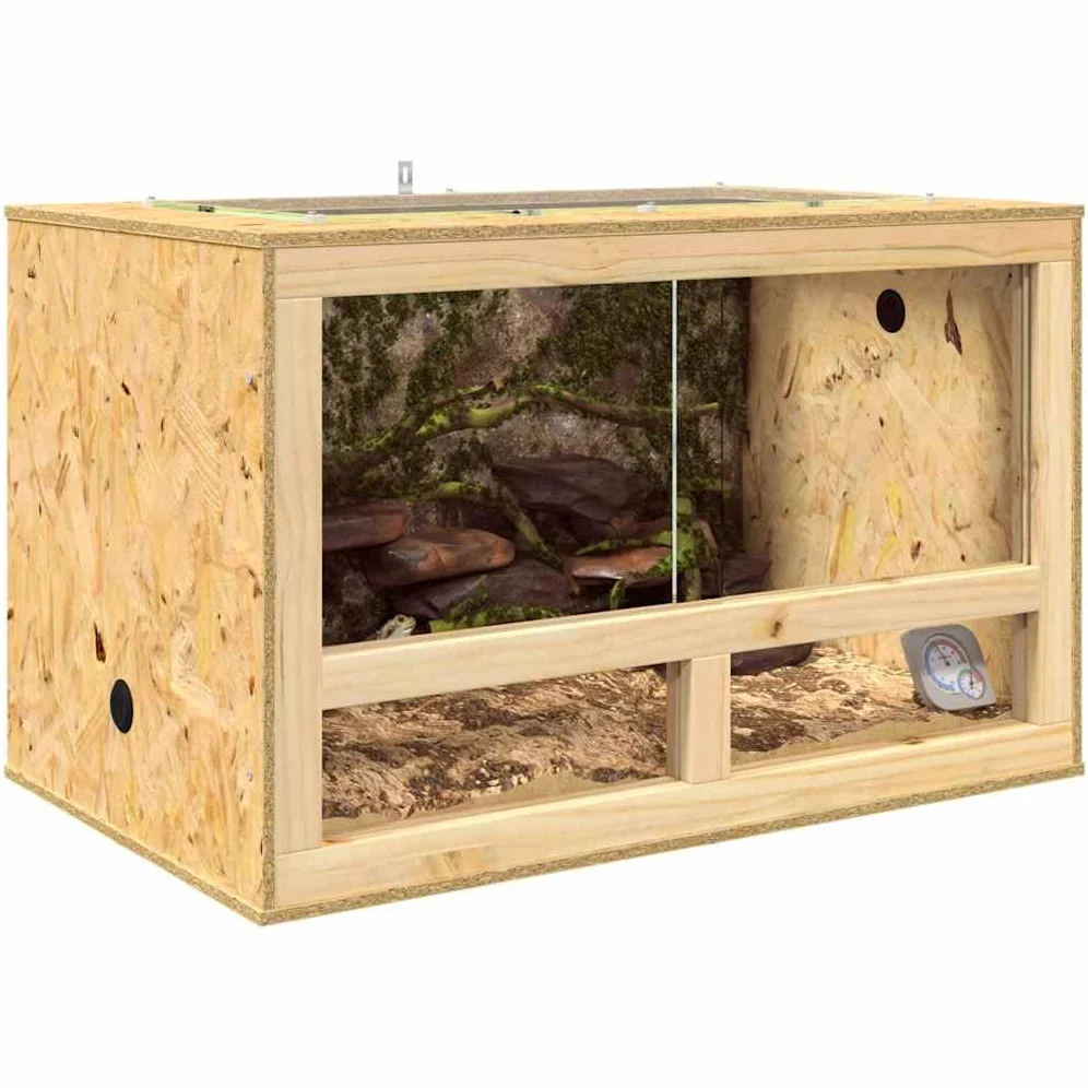Terrarium Braun OSB 80 x 50 x 50 cm mit Thermometer, Reptilienhaus mit Schiebetür und Belüftung, Vivarium für Amphibien und Schlangen, vielseitiges Gehege
