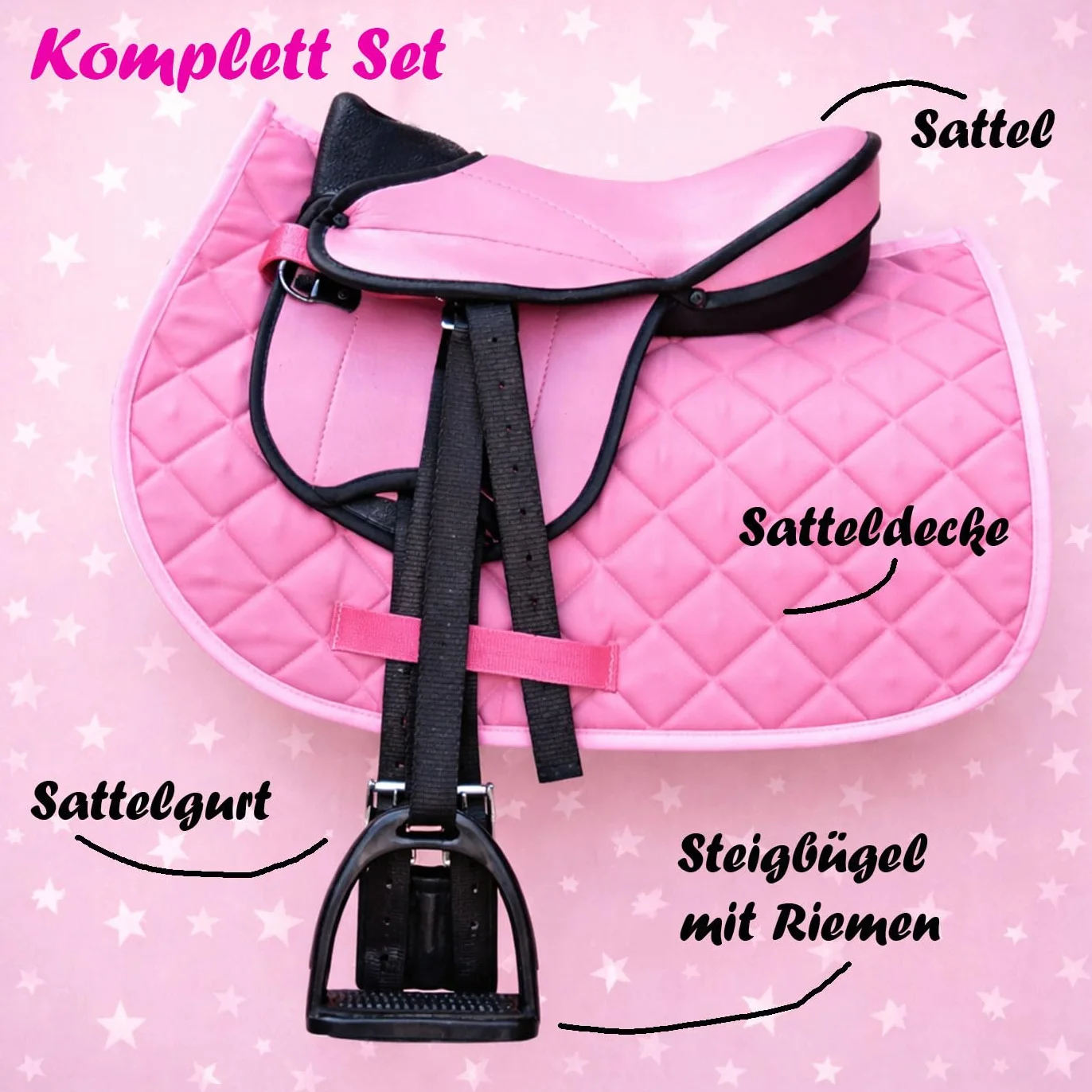 Brama West Holzpferd Sattel Set „My Happy Pony“ | Sattel für Shetty Pony Holzpferd Plüschpferd | mit Satteldecke, Sattelgurt, Steigbügel & Steigbügelriemen - Rosa
