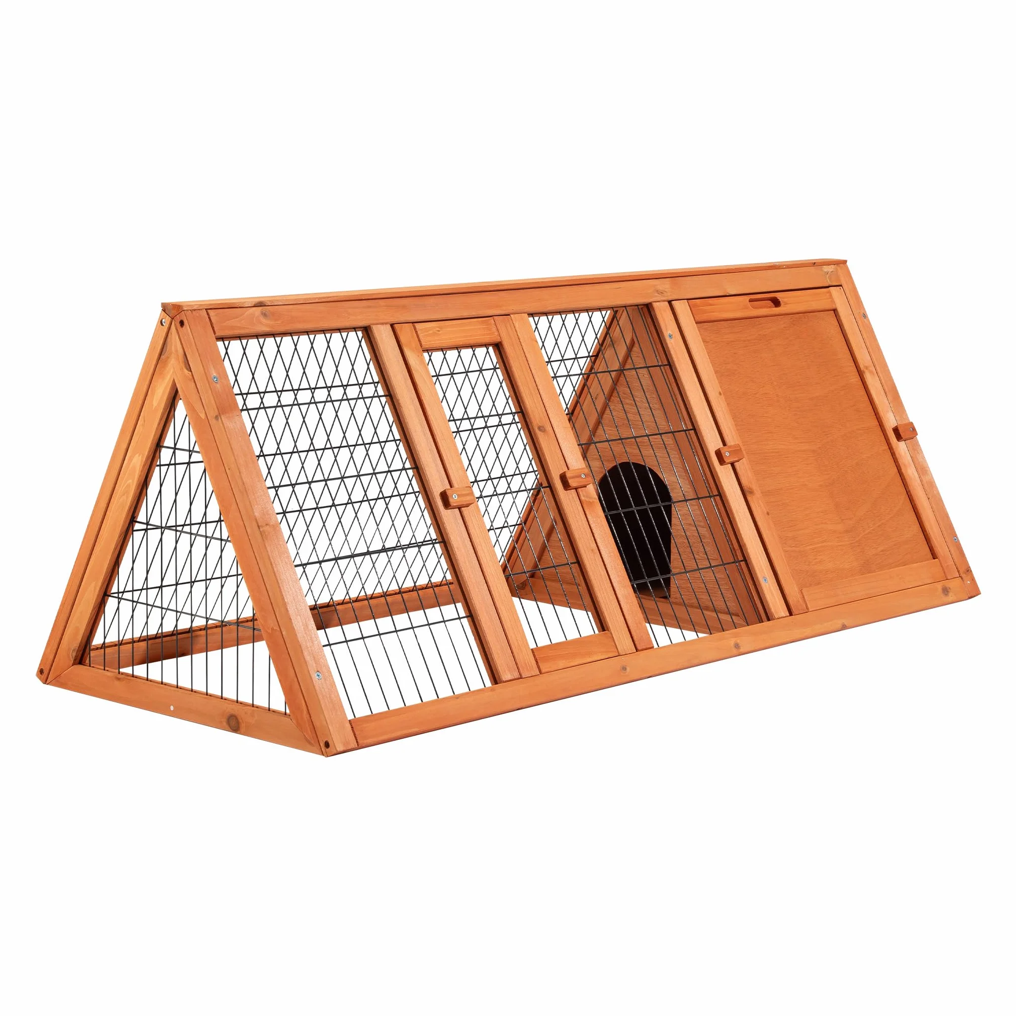 Wiltec Hasenstall in Dreiecksform, 118 x 50 x 45 cm, Kaninchenstall mit Freilauf und Schlafbereich, Kleintierstall aus Fichtenholz, Außengehege mit Türen