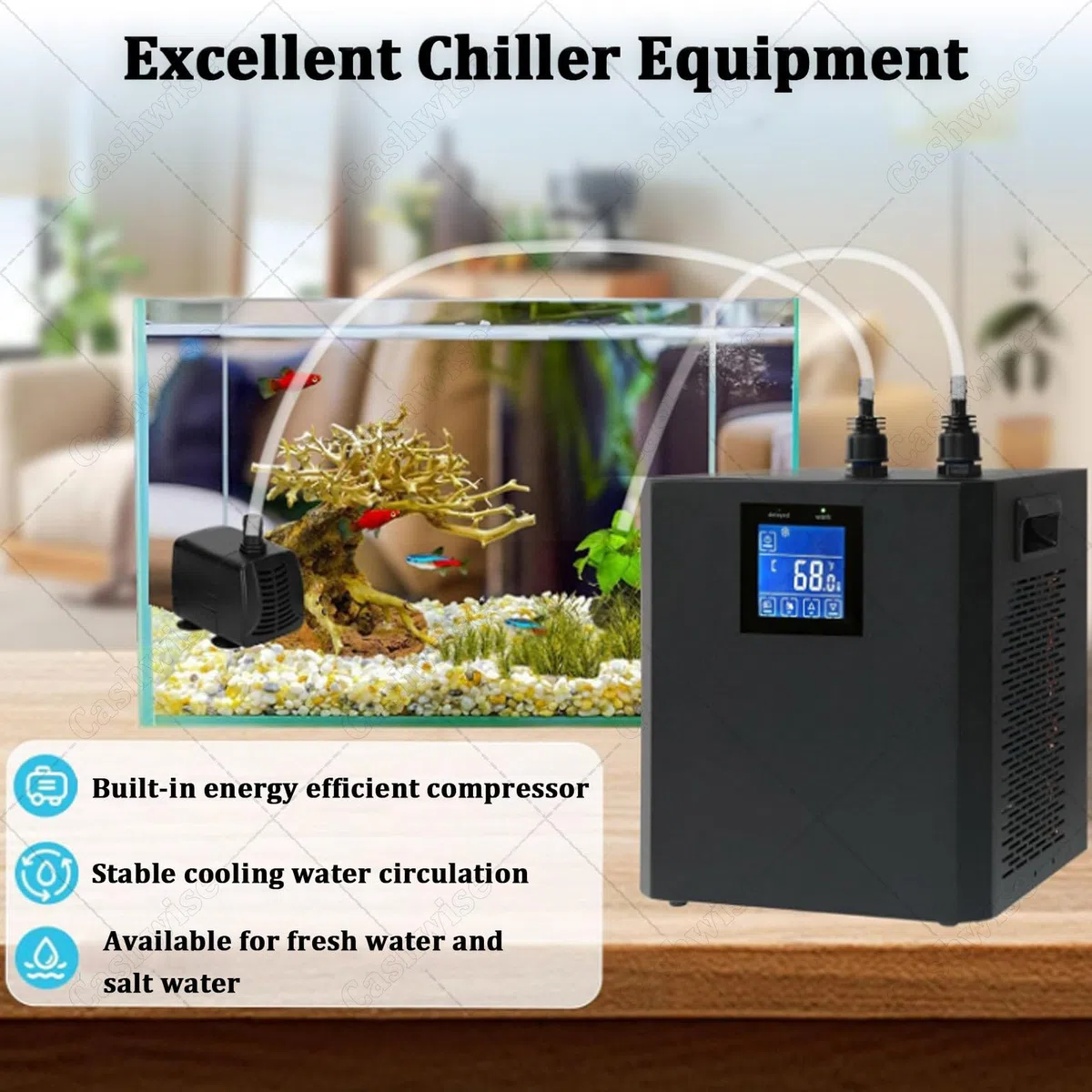 Aquarium Chiller 1/3HP Wasserkühlsystem für Aquarien, Hydrokultur, Axolotl & Quallen, mit LED-Anzeige, Pumpe & Rohr, effiziente Wassertemperaturregelung