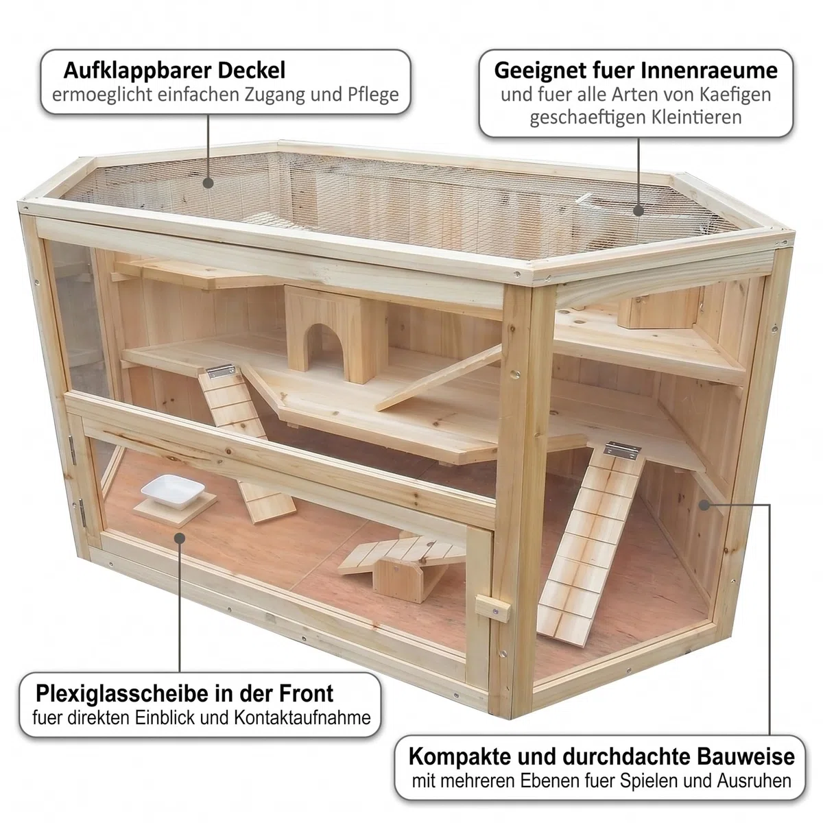 Mucola Kleintierkäfig Hamsterkäfig Holz 3-stöckig 115x60x58 cm Braun | Oben aufklappbarer Zugang, Rampen zwischen den Etagen, leicht zu reinigen, für Hamster, Ratten und andere Nager geeignet