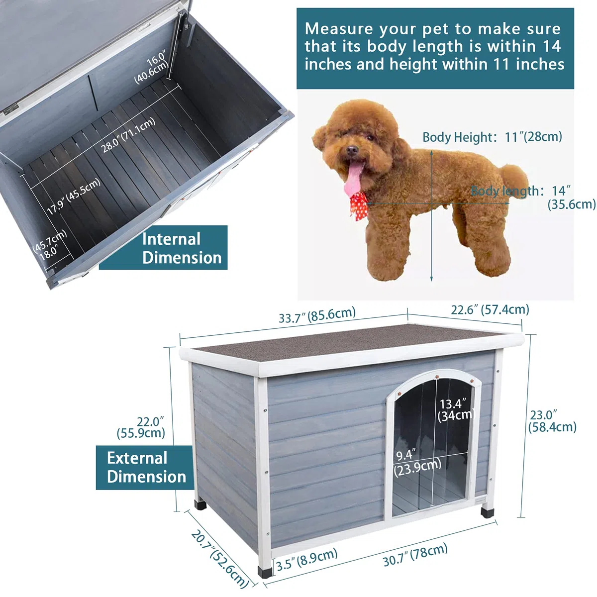 Petsfit Hundehütte für draußen, Hundehütte mit abnehmbarem Boden für einfache Reinigung, isoliertes Holzhaus für draußen, Steildach, kleines Versteck, 78 x 53 x 58 cm (klein)