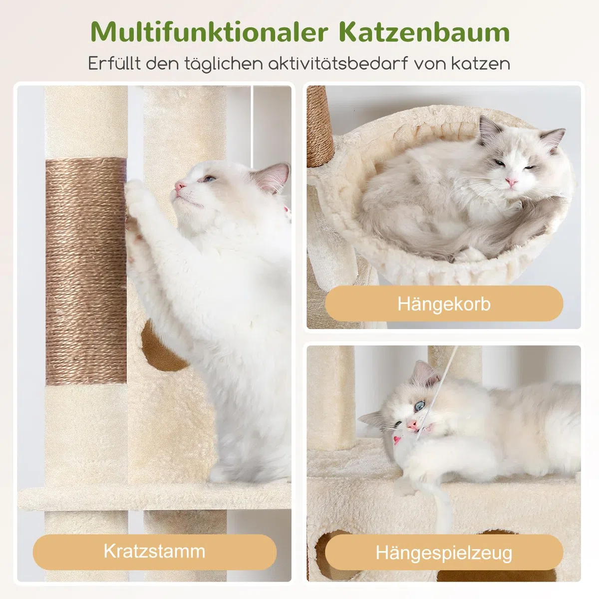Globlazer F66 Kratzbaum Ecke Beige für Große Katzen 168cm Stabil Katzenbaum | Stabil Kratzbaum mit 3 Katzenhäus, Große Plattform, 5 Sisal Kratzsäulen, Einfach zu montieren, für 3-4 Erwachsene Katzen