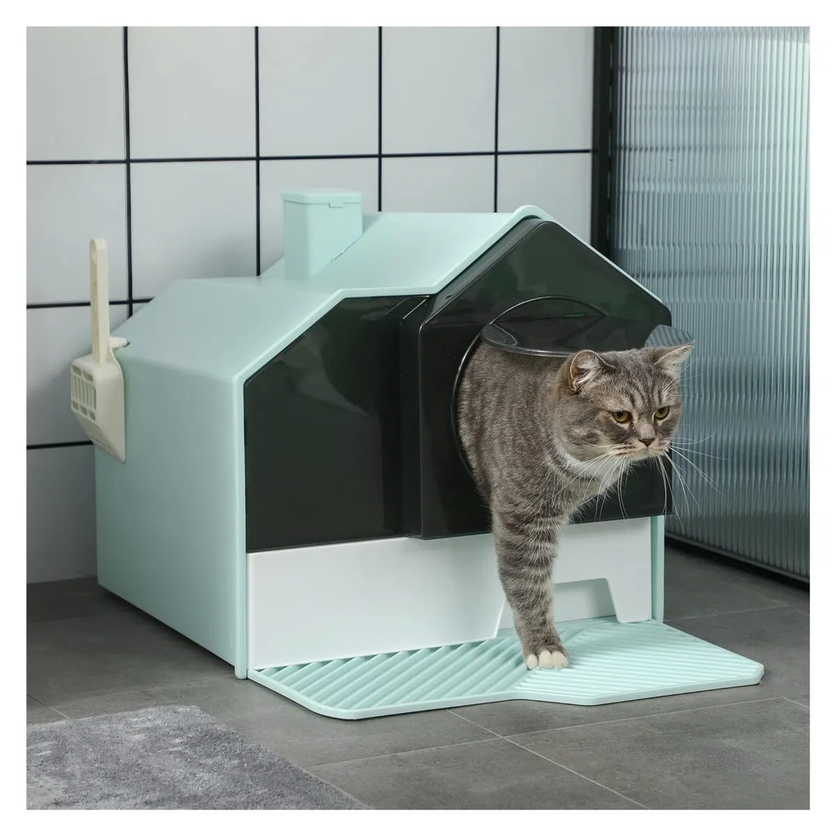 Katzentoilette mit Haube und Katzenstreumatte, Geruchskontrolle, leicht zu reinigende ausziehbare Schublade, Griff Schaufel