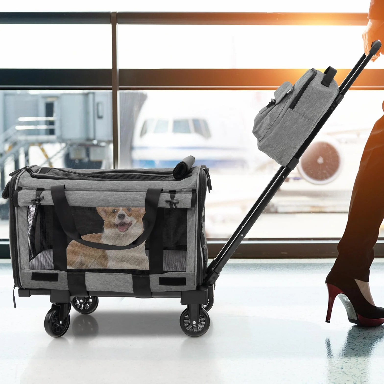 GYMAX Katzen Transportbox, Hunde Tragetasche mit Katzenrucksack & Teleskopgriff, Transporttasche mit Rädern & stabile Plattform, Haustier-Reiseträger für kleine & mittelgroße Haustiere, Grau