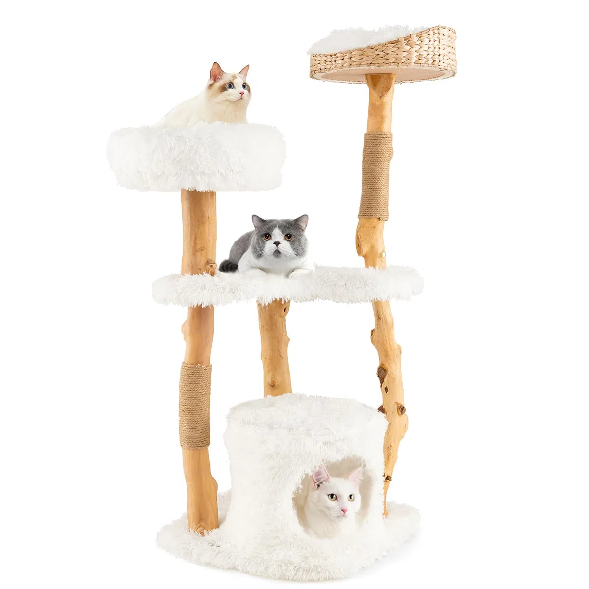 SOARS Kratzbaum Holz, Katzenbaum mit 3 natürlichen Birnbaumstämmen, Katzenhöhle & Plüschflächen, Katzenkratzbaum mit handgeflochtenes Katzenbett & Juteseil, Katzenmöbel, mehrstöckig, 48 x 48 x 124cm