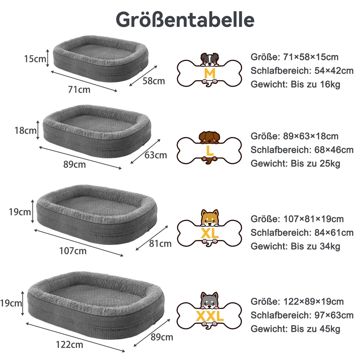 Pawk Orthopädisches Hundebett Mittelgroße Hunde, 89x63cm Vierseitiges Nackenrolle Hundebett Orthopädisch, Memory Foam Hundekorb Wasserdicht rutschfest, Hundebetten Abnehmbar und Waschbar Outdoor, Gris