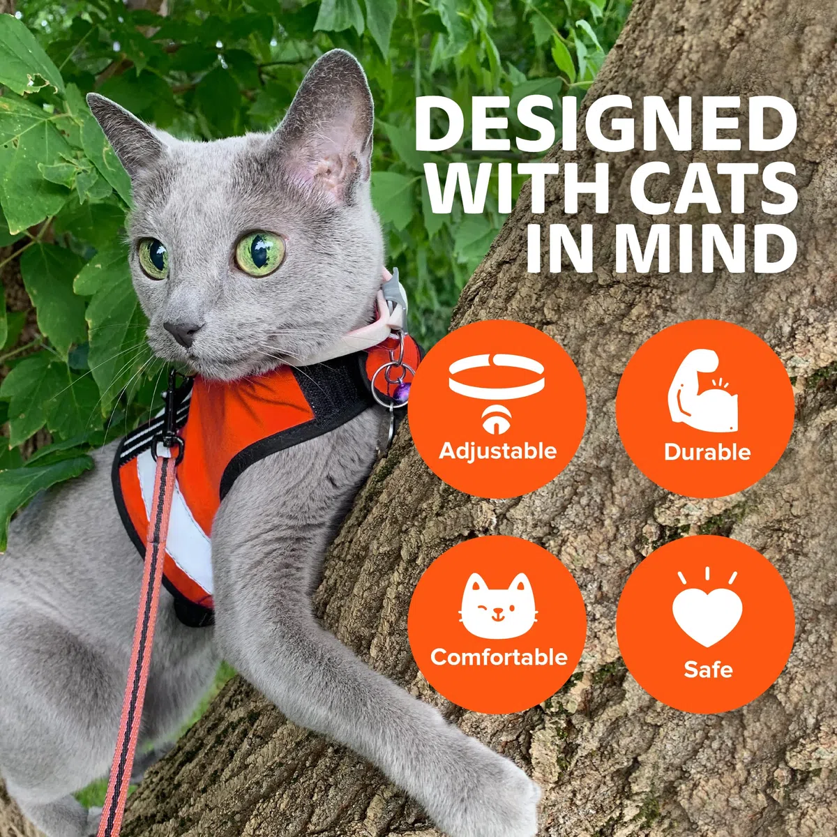 Kitty Holster Reflektierendes Katzengeschirr, gut sichtbare Katzenweste für Tag und Nacht, sichere, atmungsaktive und waschbare Baumwolle, ideal für Spaziergänge und Reisen, Outrageous Orange, XL