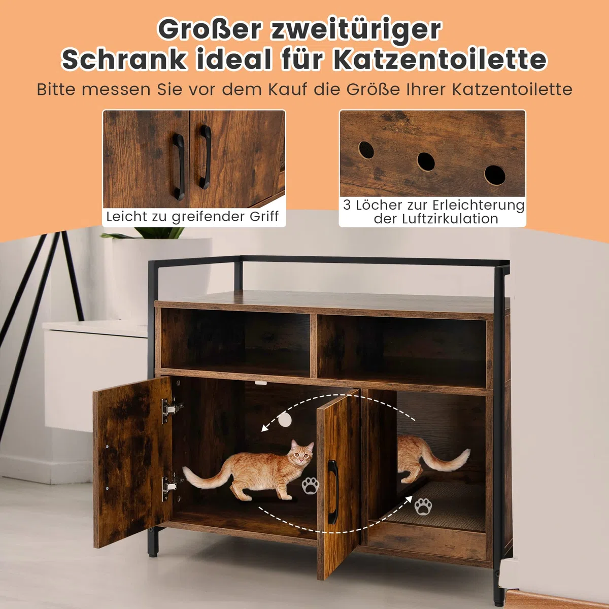 COSTWAY Katzenschrank Katzentoilette mit Doppeltüren & Kratzunterlage, Katzenhaus mit offenem Regal & 2 Fächern, Katzenhöhle Katzenklo Schrank, für Katzen Hunde Haustier (Braun)