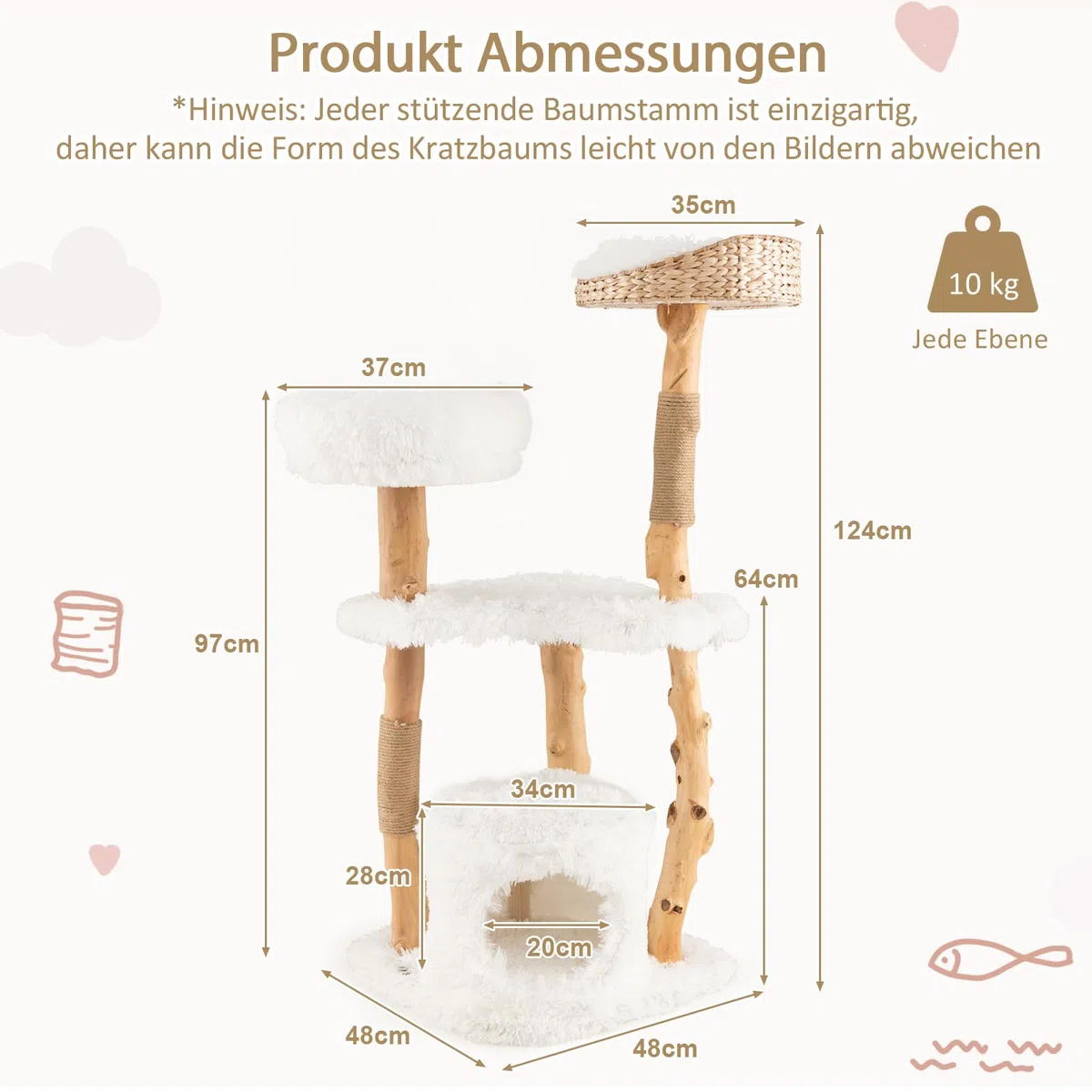SOARS Kratzbaum Holz, Katzenbaum mit 3 natürlichen Birnbaumstämmen, Katzenhöhle & Plüschflächen, Katzenkratzbaum mit handgeflochtenes Katzenbett & Juteseil, Katzenmöbel, mehrstöckig, 48 x 48 x 124cm