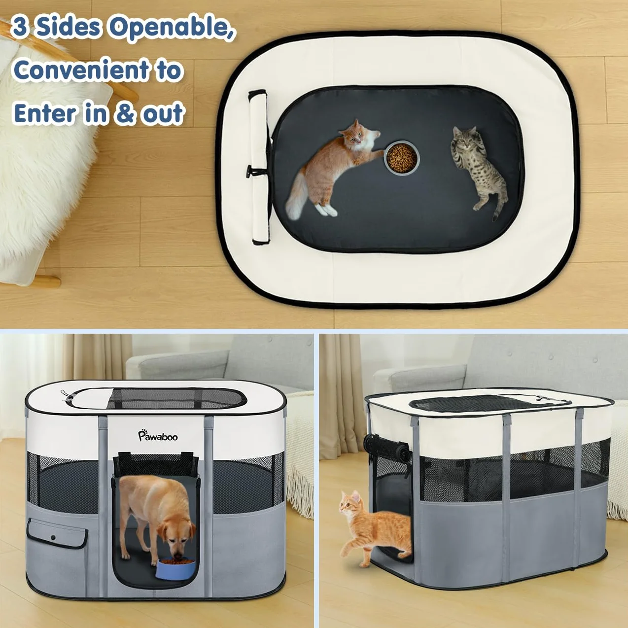 Pawaboo Tragbarer Haustierstall, Faltbarer Hundelaufstall mit Wasserdichtem Oxford, Katzengehege mit Reisetasche Faltbarem Napf, Indoor Outdoor Gebrauch für Welpe Katze Kaninchen, L, Grau