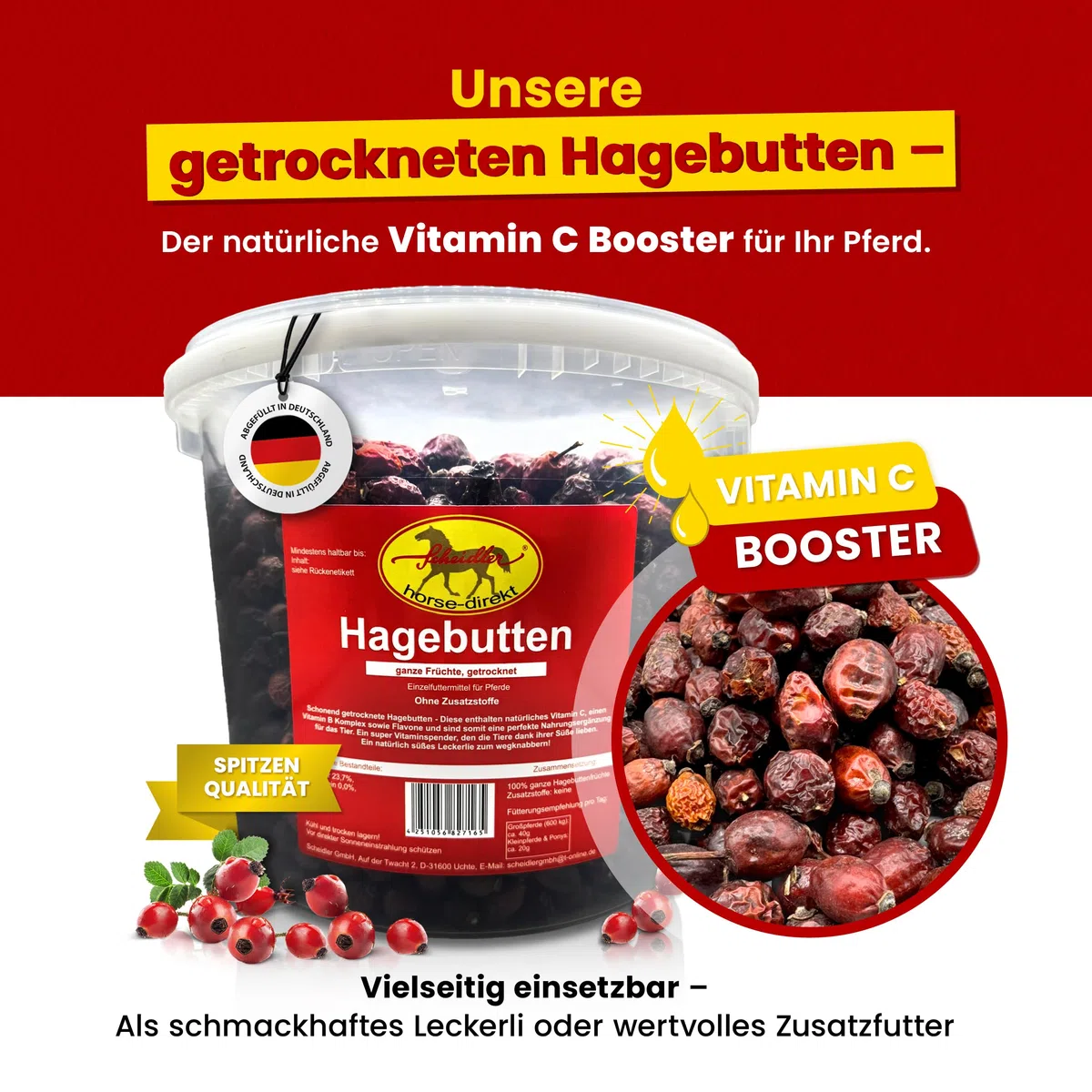 Scheidler horse-direkt Hagebutten getrocknet für Pferde 2kg – Ganze Hagebutte in Spitzenqualität – 100% Natürlicher Vitamin C Booster – Ideales Pferdeleckerli/Zusatzfutter ohne Zuckerzusatz