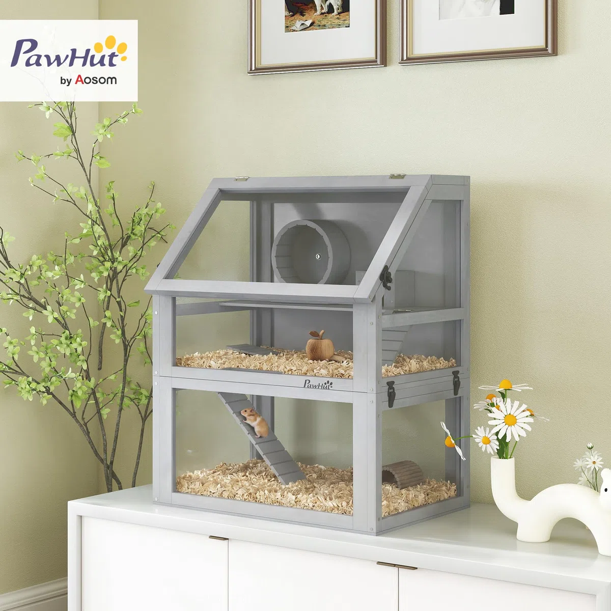 PawHut Hamsterkäfig aus Holz, 3 Etagen, Rennmauskäfig mit abnehmbarem 32 cm tiefem Boden, Hütte, Wippe, Laufrad, Rampen, Hellgrau