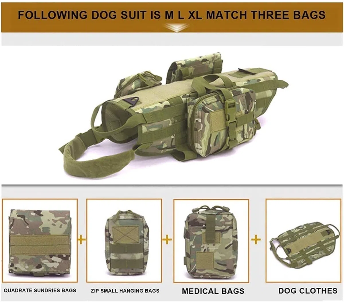 Taktisches Hundegeschirr Set mit Leine, verstellbare Weste im Militär-Stil, inklusive Aufbewahrungstaschen und Taschen für Outdoor-Training und Arbeiten