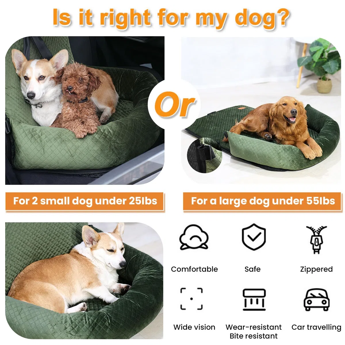 Hundesitz Auto Rückbank, Hunde Autositz, Waschbarer Sitzerhöhung Für Kleine Und Mittelgroße Haustiere, Haustier Reisebett rutschfeste Hundedecke Mit Sicherheitsgurt,Grün