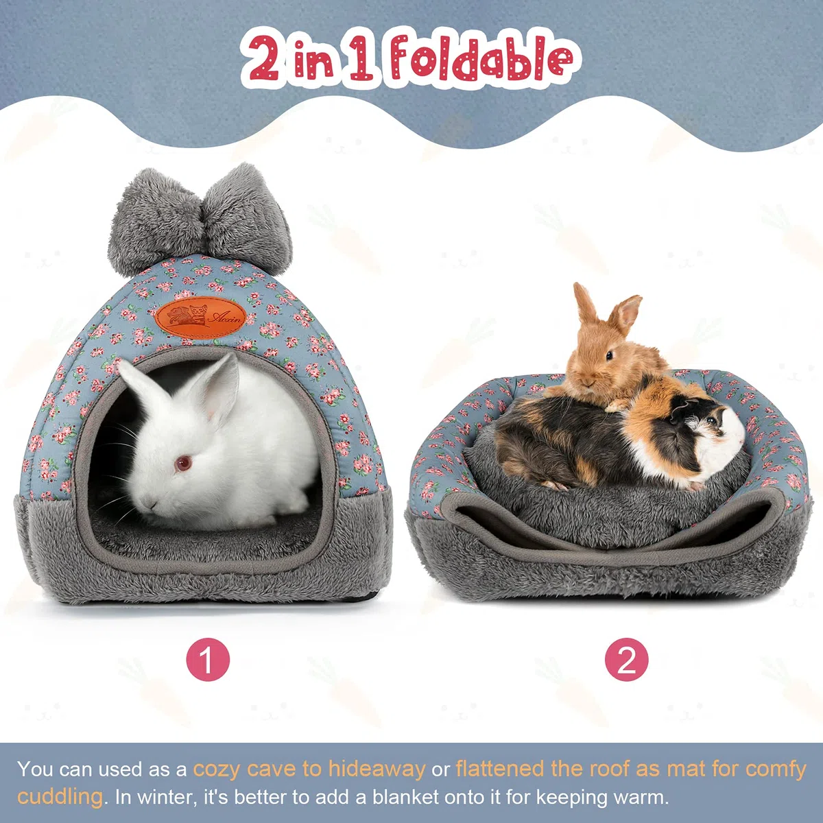 YUEPET Hasenbett, warmes Meerschweinchen-Höhlenbett, niedliche Schleife, großes Versteck, Käfigzubehör für Zwergkaninchen, Hamster, Kaninchen, Frettchen, Ratten, Igel, Chinchilla (Blume)