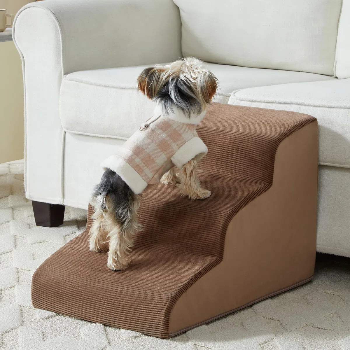 LEXTRO Dog Stairs for Small Dogs, 3-Steps Dog Ramp for Bed and Couch, Pet Stairs with Highly Supportive Foam and Non-Slip Bottom, Dog Steps for Cat & Doggie (High 15.7 Inch)