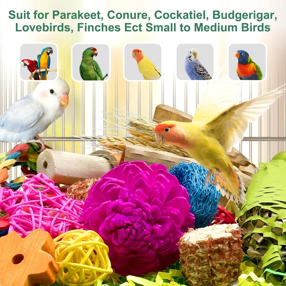 Natürliches Vogelspielzeug, Futtersuche, Papageien, Schreddern, Spielzeug für Nymphensittiche, Sittiche, Wellensittiche, kleine und mittelgroße Vögel (bunt)