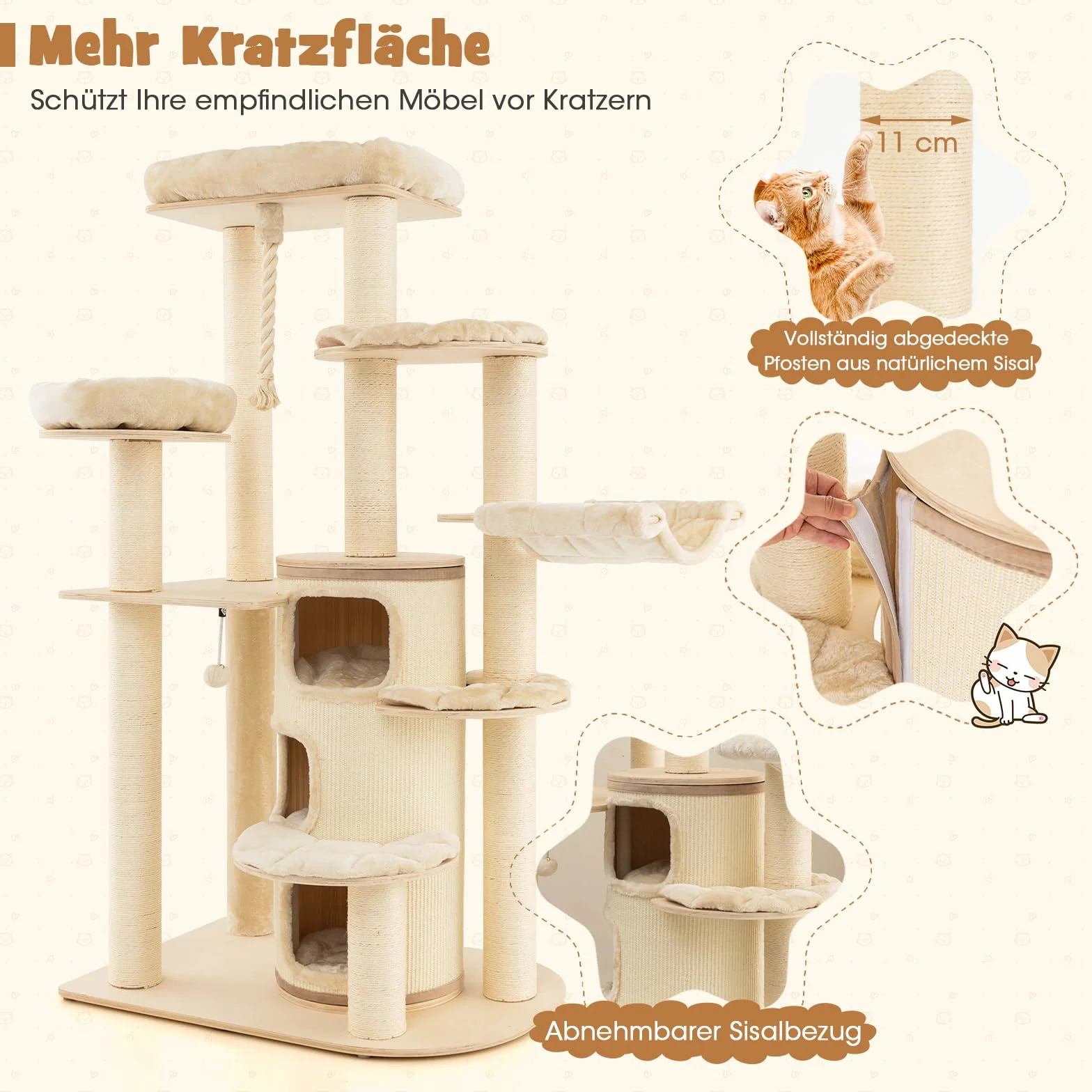 COSTWAY 173cm Kratzbaum Holz, Katzenbaum Groß, Katzenkratzbaum mit Katzenhöhle, dicken Stämmen, Matten, Ball & Sisalseil, Aktivitätsbaum mit Kratztonne, Katzenmöbel Kletterbaum Katzenhaus (Beige)