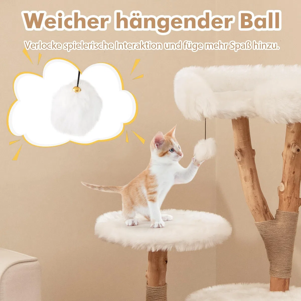 FANTASK Katzenturm Holz, Katzenmöbel mit Spielball & Plüschsitzfläche & 2 Plattformen, Katzenbaum mit Kratzpfosten, Kratzbaum Massivholz aus Jute, Katzen Katzenkratzbaum Kletterbaum, 110 cm (Weiß)