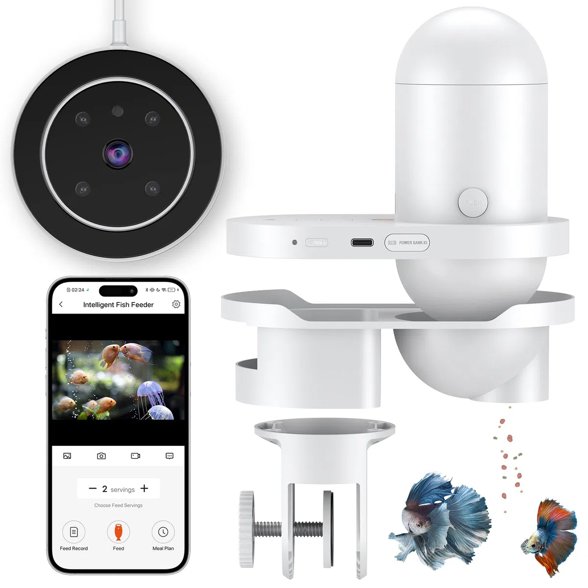 Pawfly Futterautomat Aquarium, Intelligenter automatischer Fischfutterspender mit App Steuerung 2,5 K HD Video & Timer, 230 ml Präzisionsfütterung, USB betrieben
