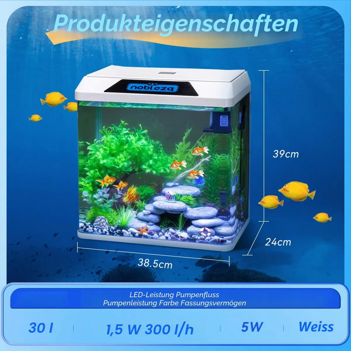 Nobleza Glas 30L Mini Aquarium Komplettset mit LED-Beleuchtung und Filtersystem, Weiß