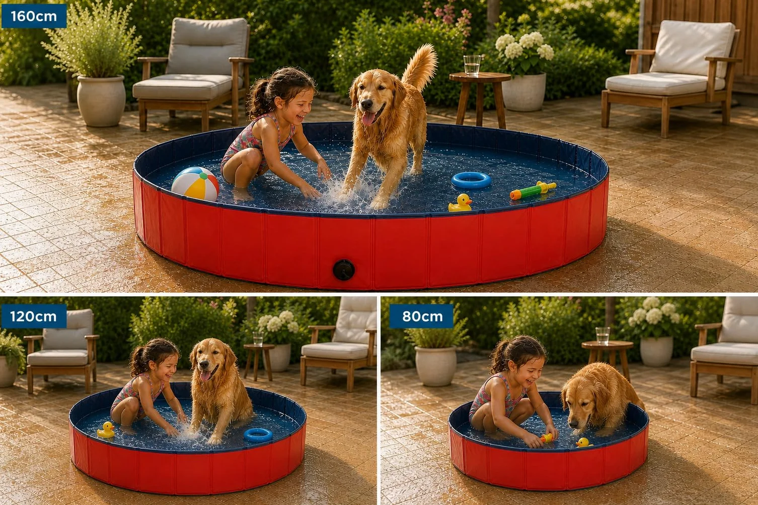 lionto Hundepool faltbar aus kratzfestem PVC-Material, Ø 160 cm, Höhe 30 cm, Anti-Rutsch-Belag & Abflussstopfen für schnelle Entleerung, Keine Pumpe benötigt, robuster Kinderpool, blau/rot
