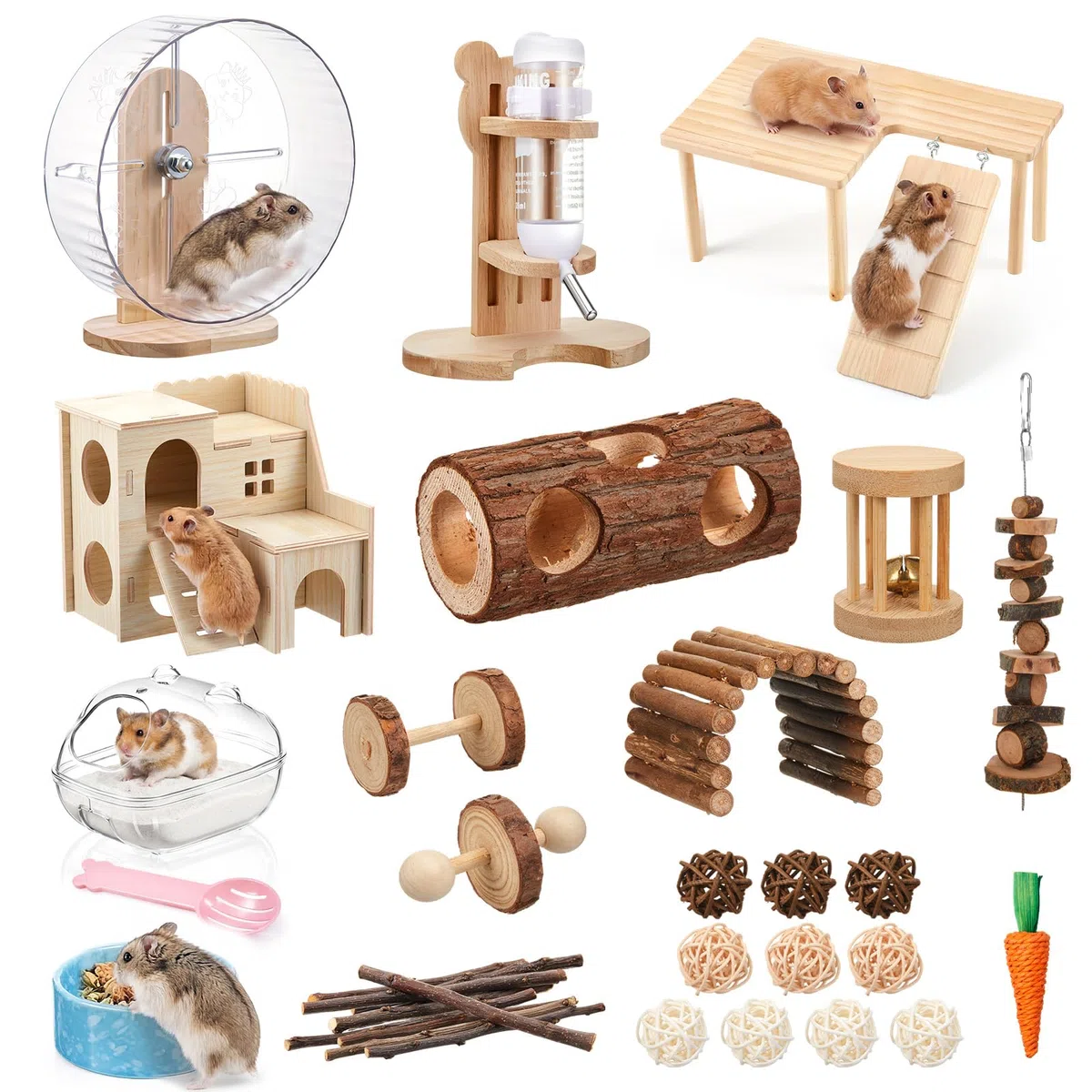 Hamsterkäfig-Zubehör, 24,1 cm Laufrad, Holzplattform, Versteck Haus, Wasserflasche, Sandbad, Schüssel, Kauspielzeug für syrische Hamster, Mäuse, Rennmäuse, Lebensraum-Dekoration (aktiver
