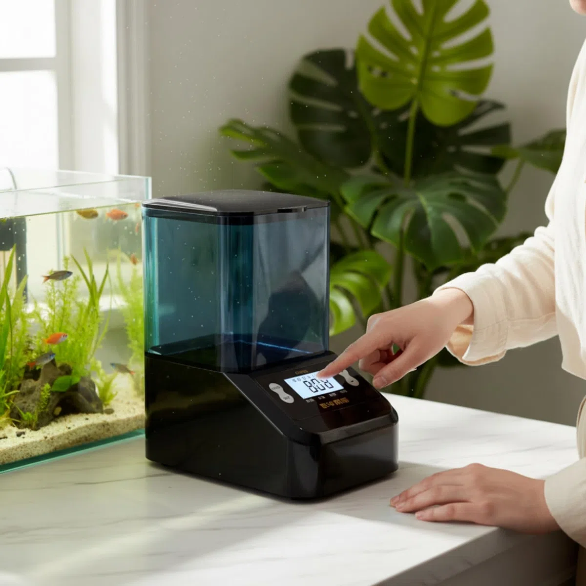 Aquarium-Futtautomat mit digitalanzeige großes fassungsvmögen futtautomat mit zeitschaltuhr leicht einzurichten fischfuttspend für koiteich, Schwarz, 1000ml Doppelbatterie Große Partikel