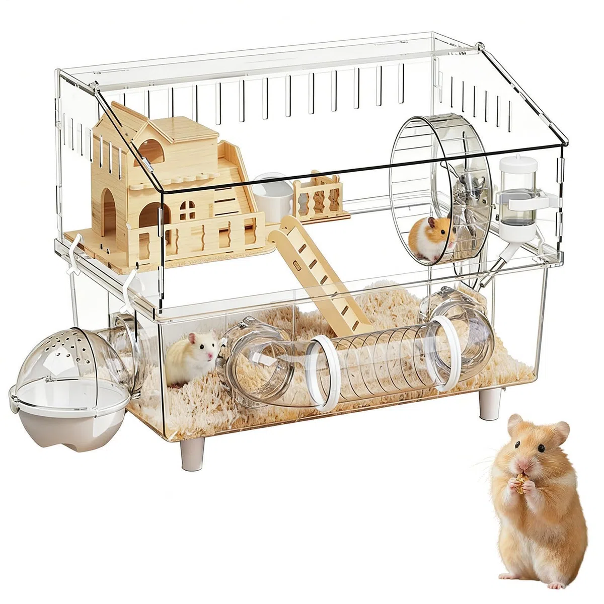 Hamsterkäfig 2-stöckiger Nagerkäfig aus Klarsicht | Geräumiger Hamsterkäfig mit Trinkflasche und Toilette für Kleintiere wie Meerschweinchen, für den Einsatz zu Hause,