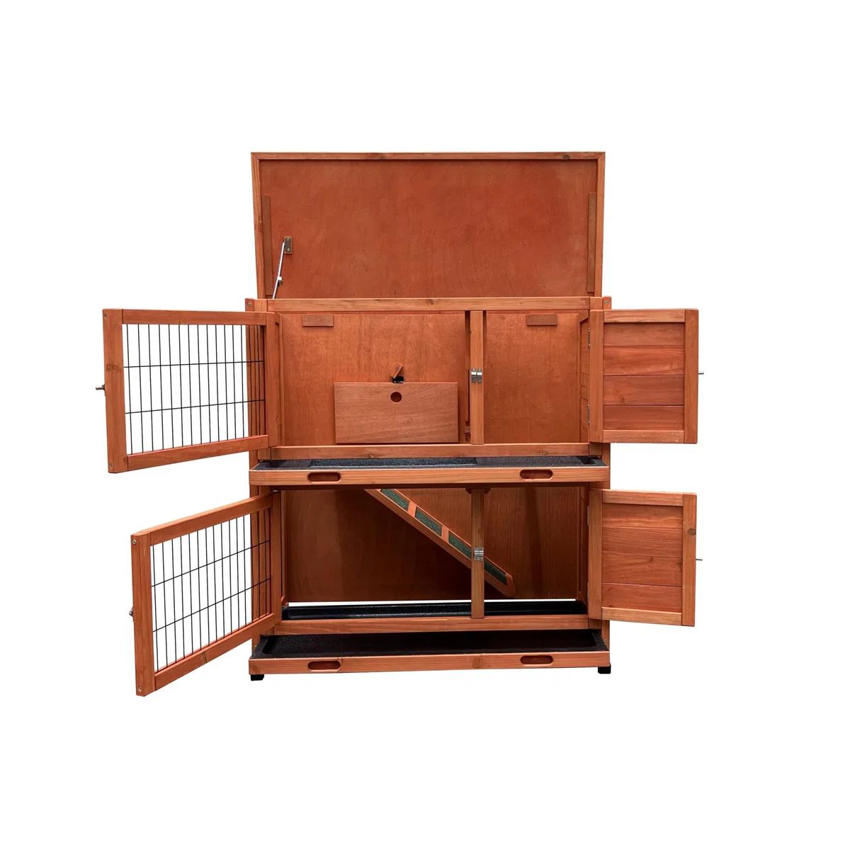 Bunny Business Doppelstöckiger Doppeldecker-Stall für Kaninchen/Meerschweinchen, mit ausziehbaren Ablagen und Dach zum Öffnen, Kaninchenstall und Laufstall und Abdeckungspaket (rot-BB-36-DDL-TR +