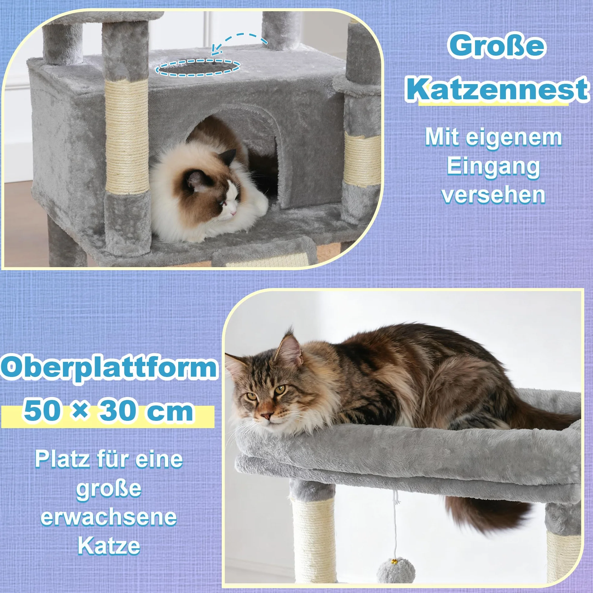 Hey-brother 182 cm Stabil Kratzbaum, für ausgewachsene großeKatze, MPJ080W | mehrstöckiger Katzenbaum mit 2 Grosse liegefläche, 3 Hängematten, Höhle, 2-in-1-Sisalkratzbrett, Plüschbällen, Hellgrau