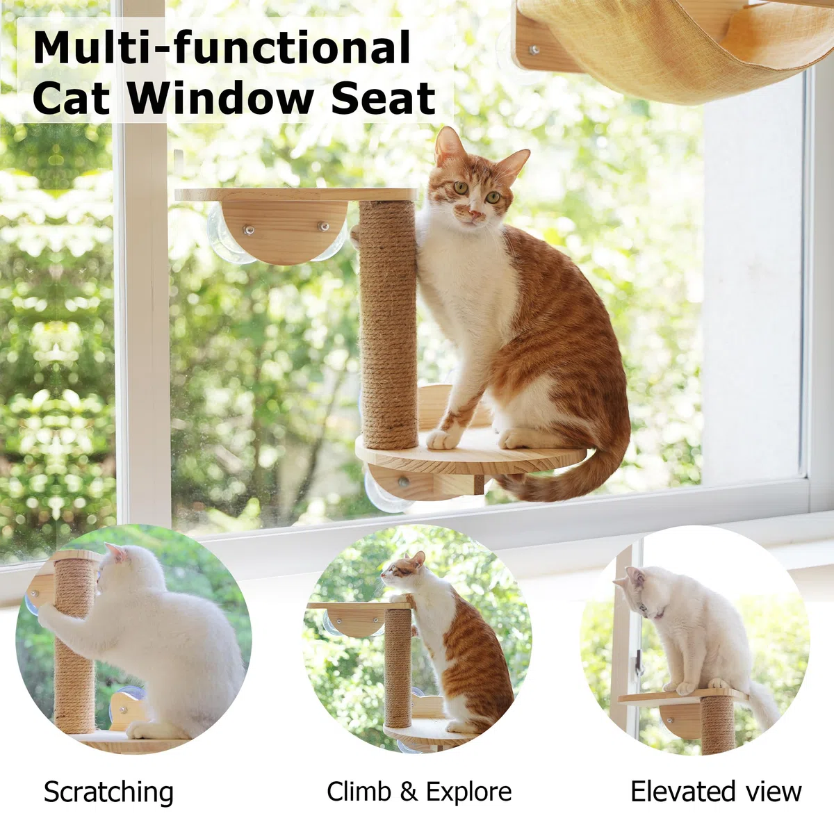 Katzen-Fenster-Hängematten-Bett, 4-teiliges Set, Katzenfenstersitz für Innenräume, Sitzstange mit Zwei Ablagen und einem Kratzbaum, Sonnenmontage